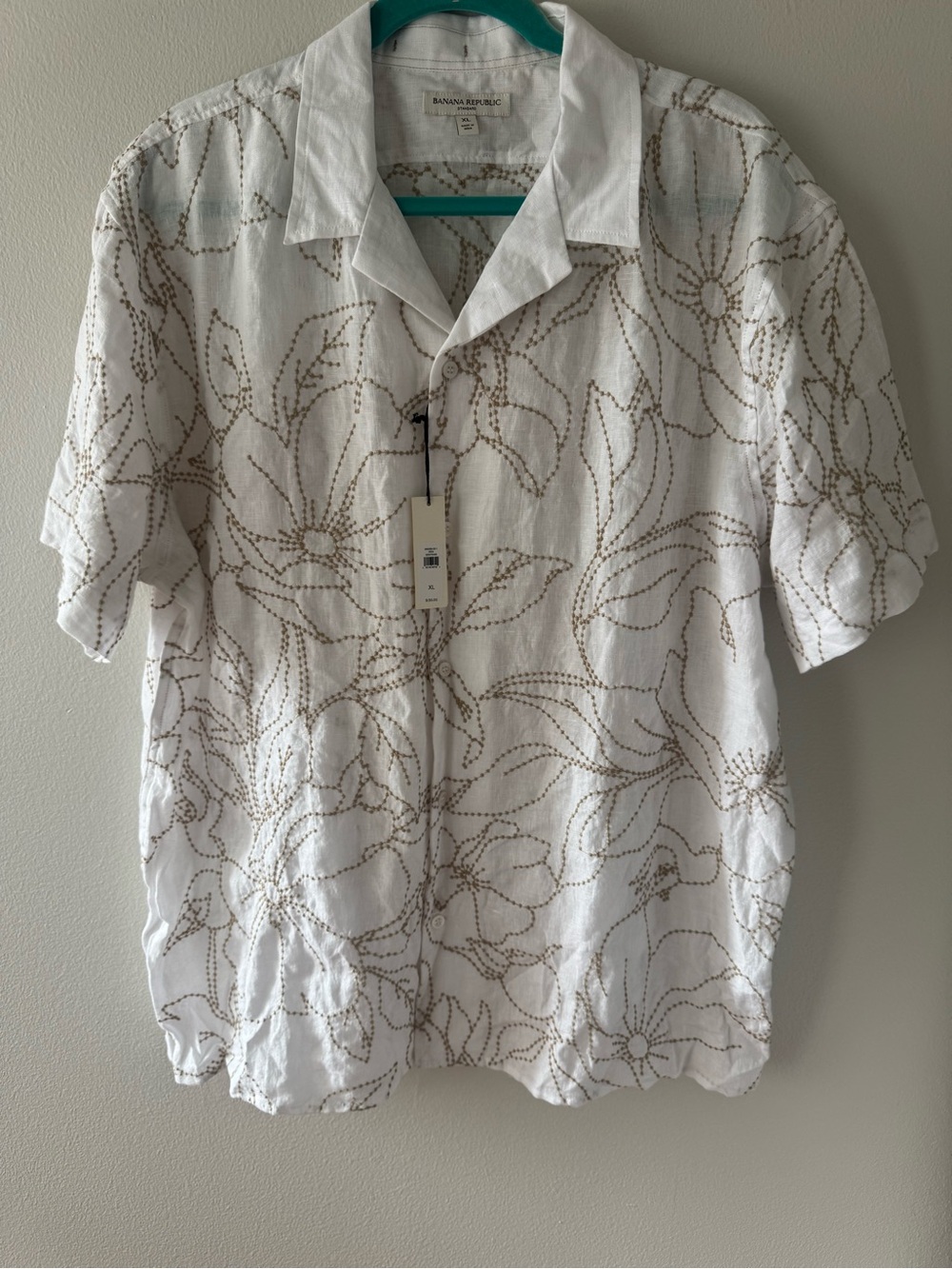 Banana Republic Linen White Short-Sleeve Button-Down with Brown Floral Stitching